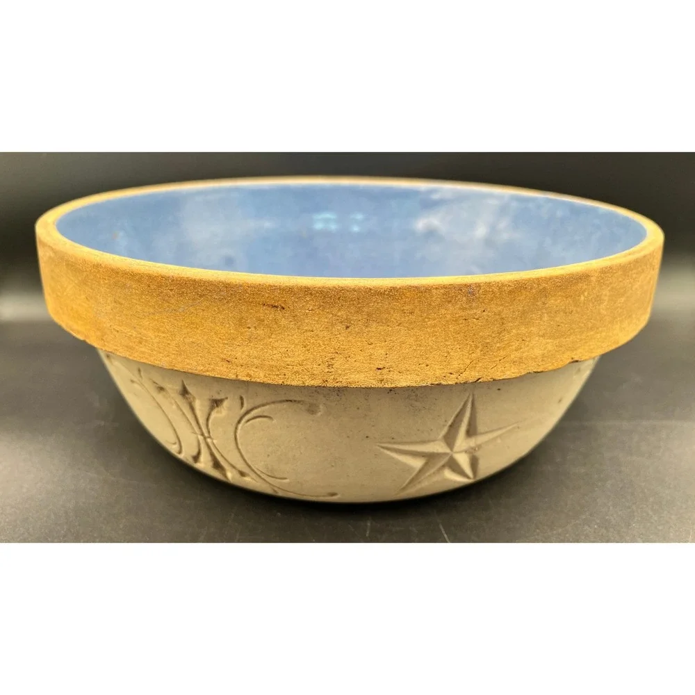 Antique Star Fire Clay Blue Glaze Stoneware Bowl Star Leaf Fleur De Lis Embossed